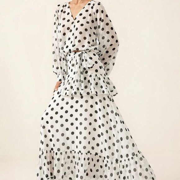 Elegant Women's Polka Dot Bowknot Flare Sleeve Ruffle top & Maxi skirt set - Picture 3 of 7